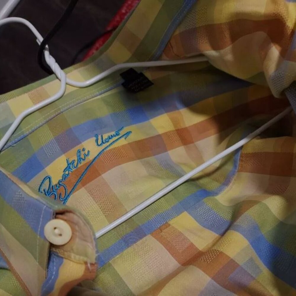 BUGATCHI UOMO Mens L/S Shirt SZ Large Classic Fit Yellow Green Blue Plaid SPRING - Picture 2 of 3
